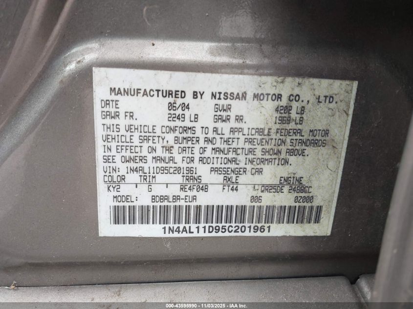 2005 Nissan Altima 2.5 S VIN: 1N4AL11D95C201961 Lot: 43595990