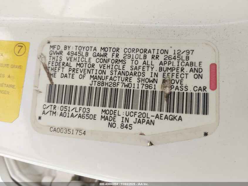 1998 Lexus Ls 400 VIN: JT8BH28F7W0117961 Lot: 43595994