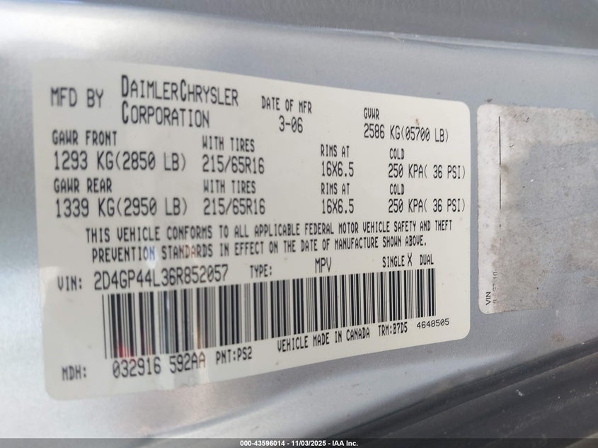 2006 Dodge Grand Caravan Sxt VIN: 2D4GP44L36R852057 Lot: 43596014
