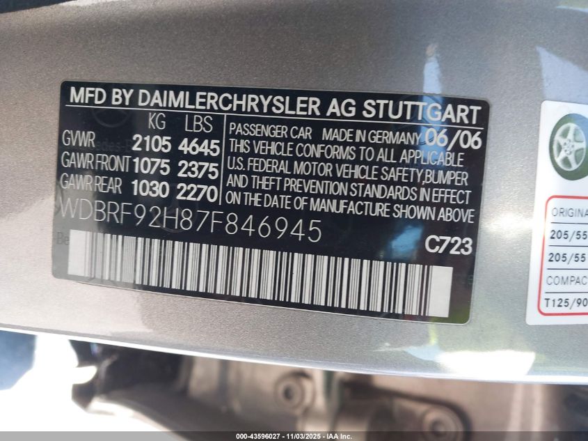 2007 Mercedes-Benz C 280 Luxury 4Matic VIN: WDBRF92H87F846945 Lot: 43596027