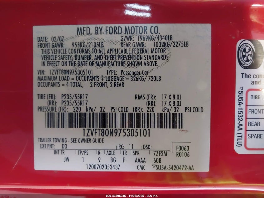 2007 Ford Mustang V6 Deluxe/V6 Premium VIN: 1ZVFT80N975305101 Lot: 43596035