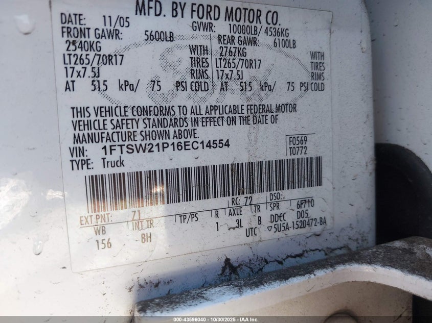 2006 Ford F-250 Lariat/Xl/Xlt VIN: 1FTSW21P16EC14554 Lot: 43596040
