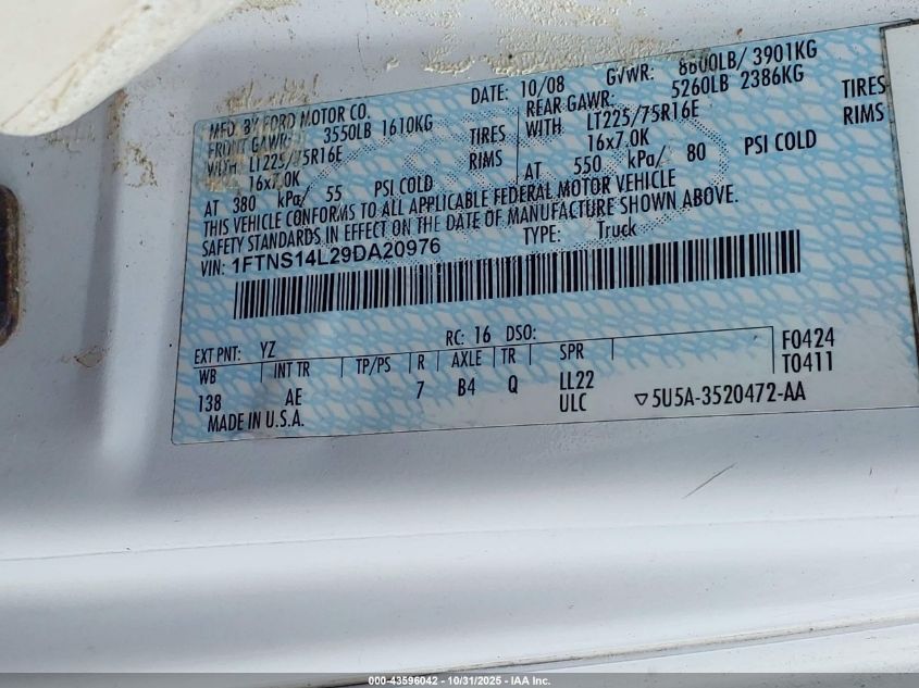 2009 Ford E-150 Commercial VIN: 1FTNS14L29DA20976 Lot: 43596042