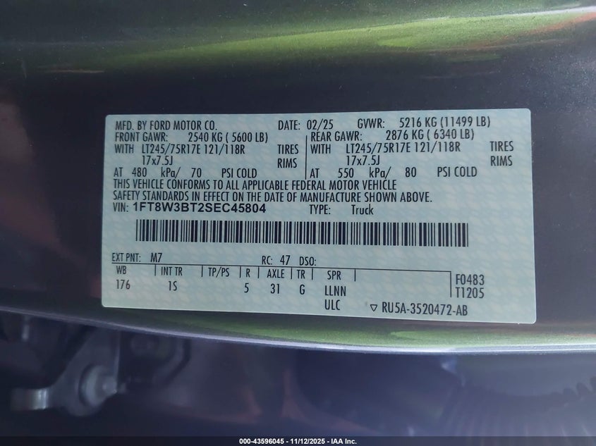 2025 Ford F-350 Xl VIN: 1FT8W3BT2SEC45804 Lot: 43596045