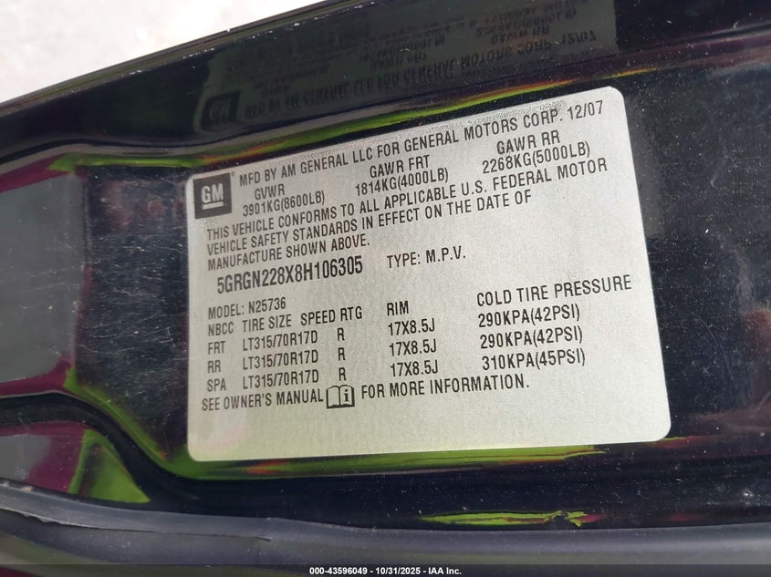 2008 Hummer H2 Sut VIN: 5GRGN228X8H106305 Lot: 43596049