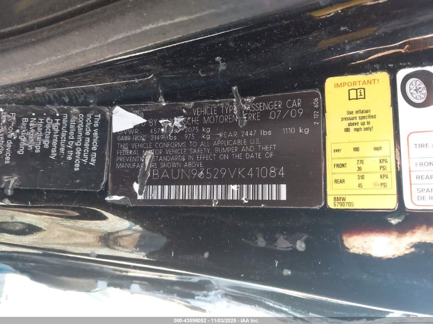 2009 BMW 135I VIN: WBAUN93529VK41084 Lot: 43596052
