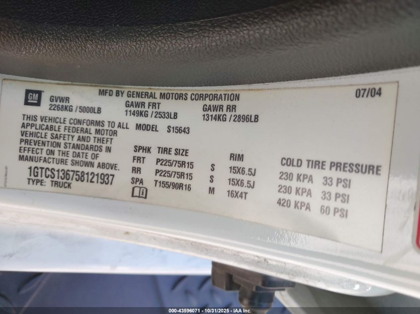 2005 GMC Canyon Sle VIN: 1GTCS136758121937 Lot: 43596071