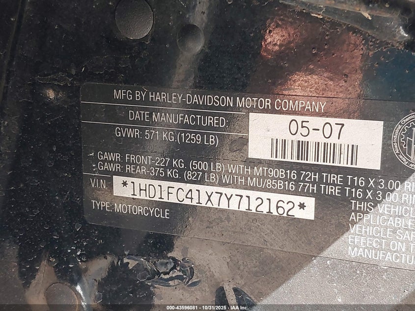 2007 Harley-Davidson Flhtcui VIN: 1HD1FC41X7Y712162 Lot: 43596081