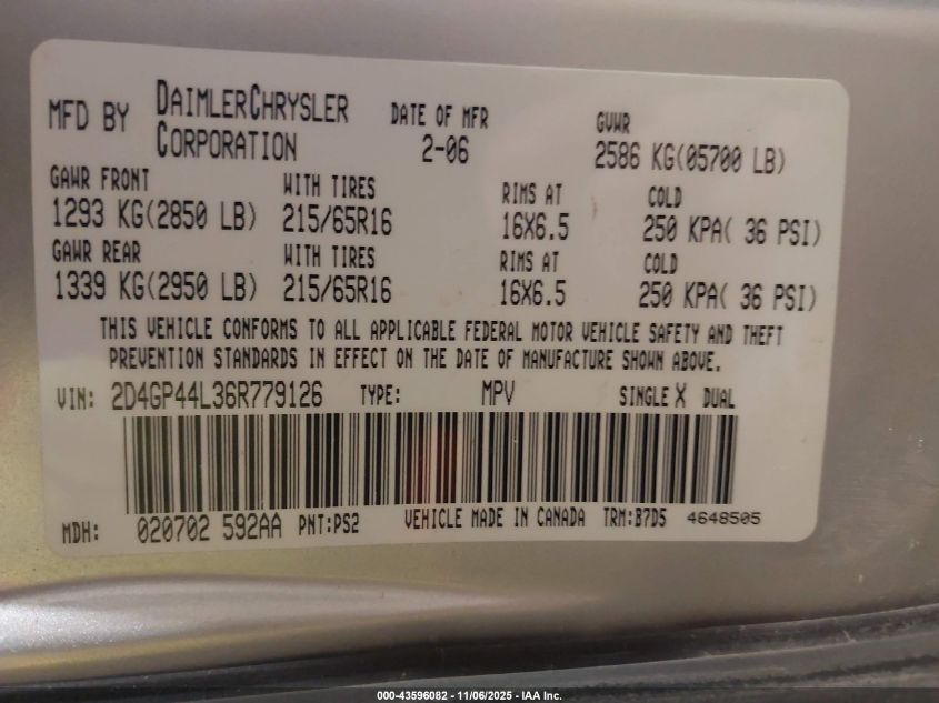 2006 Dodge Grand Caravan Sxt VIN: 2D4GP44L36R779126 Lot: 43596082