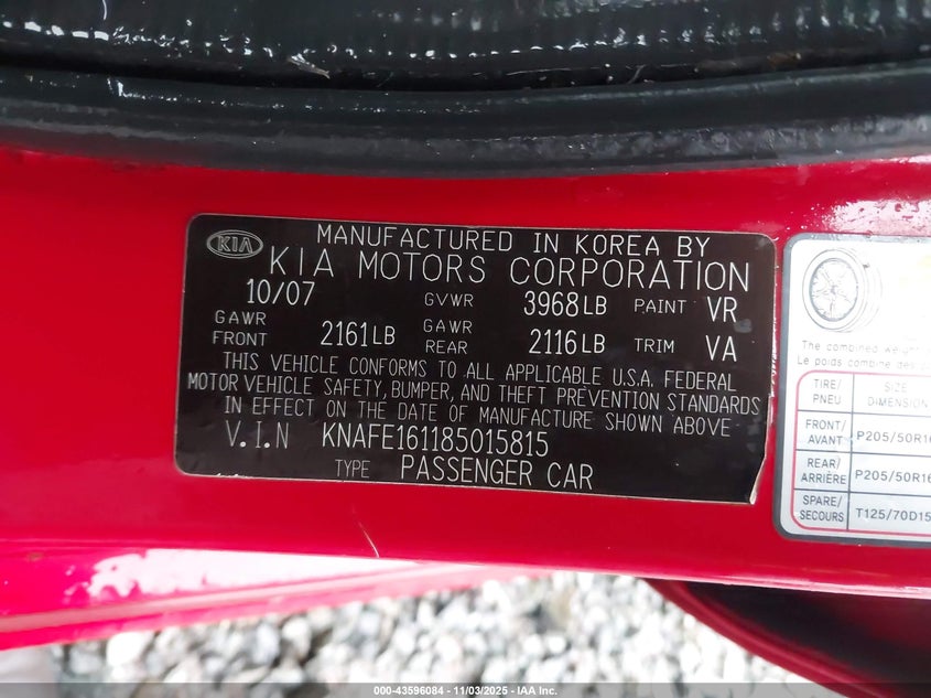 2008 Kia Spectra5 Sx VIN: KNAFE161185015815 Lot: 43596084
