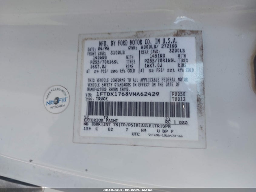 1997 Ford F-150 Lariat/Standard/Xl/Xlt VIN: 1FTDX1768VNA62429 Lot: 43596090