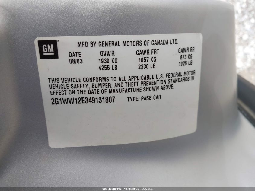 2004 Chevrolet Monte Carlo Ls VIN: 2G1WW12E349131807 Lot: 43596116