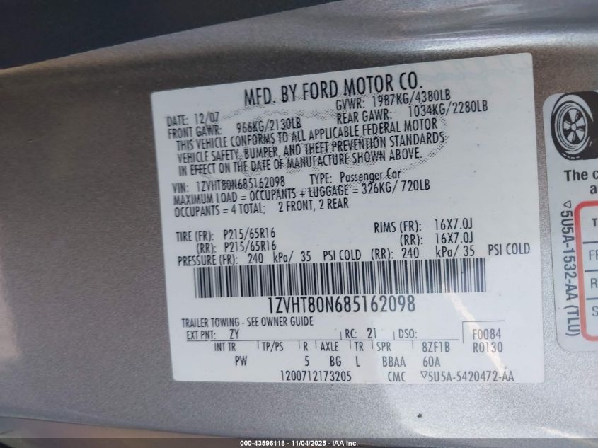 2008 Ford Mustang V6 Deluxe/V6 Premium VIN: 1ZVHT80N685162098 Lot: 43596118