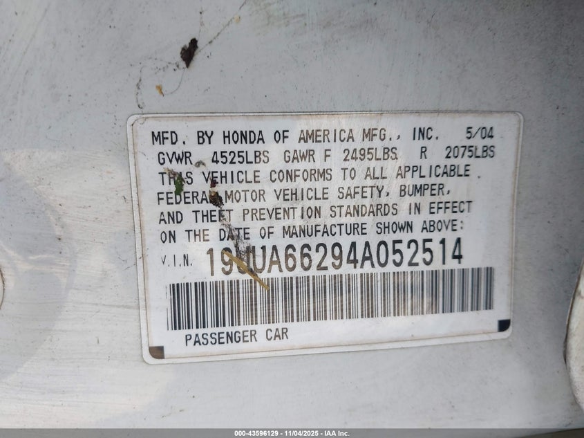 2004 Acura Tl VIN: 19UUA66294A052514 Lot: 43596129