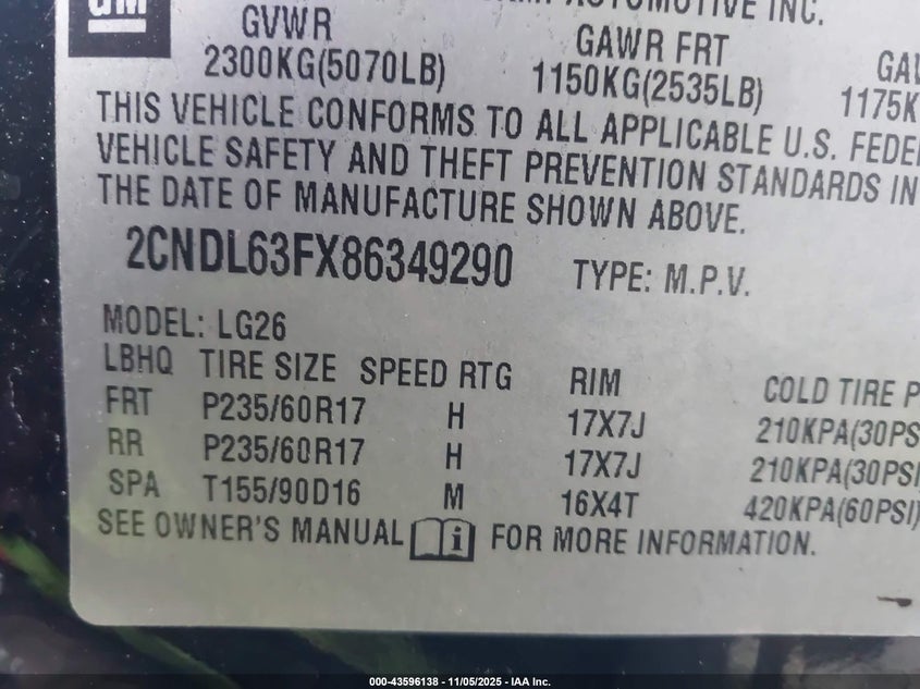 2008 Chevrolet Equinox Lt VIN: 2CNDL63FX86349290 Lot: 43596138