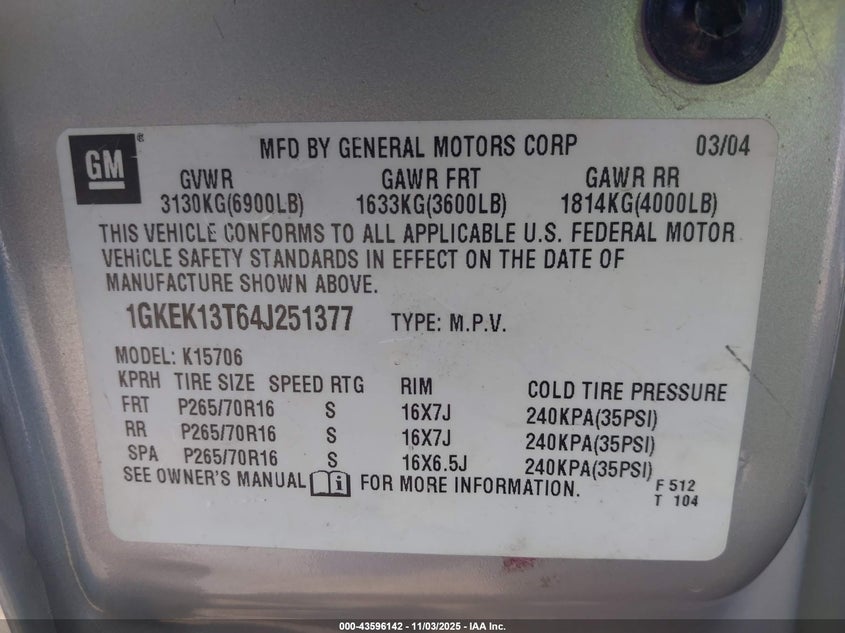 2004 GMC Yukon Sle VIN: 1GKEK13T64J251377 Lot: 43596142