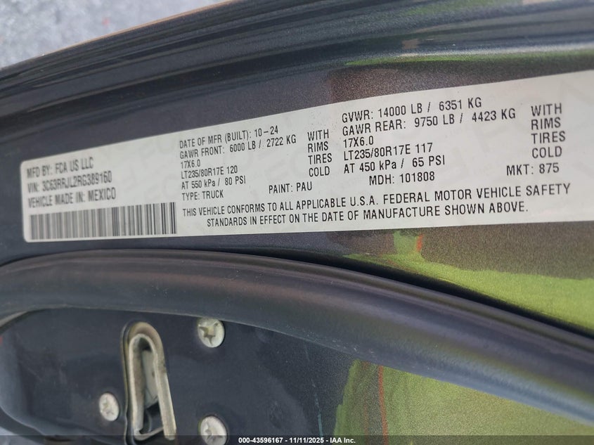 2024 Ram 3500 Laramie 4X4 8' Box VIN: 3C63RRJL2RG389160 Lot: 43596167