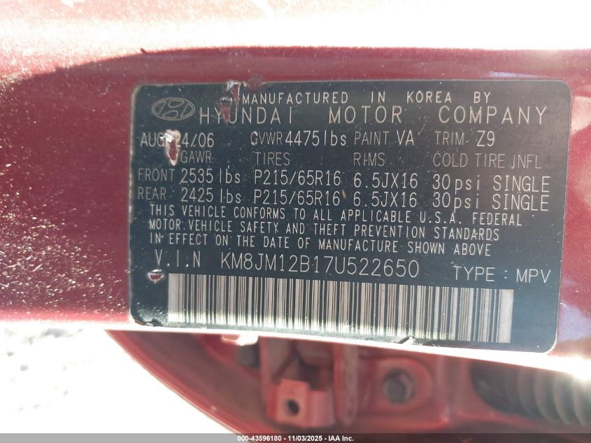 2007 Hyundai Tucson Gls VIN: KM8JM12B17U522650 Lot: 43596180
