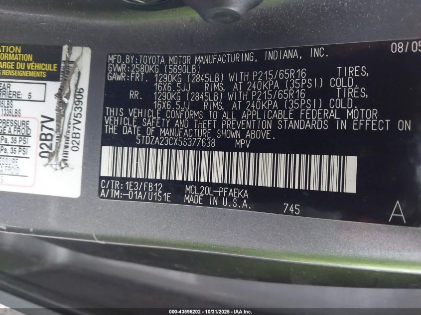 2005 Toyota Sienna Le VIN: 5TDZA23CX5S377638 Lot: 43596202