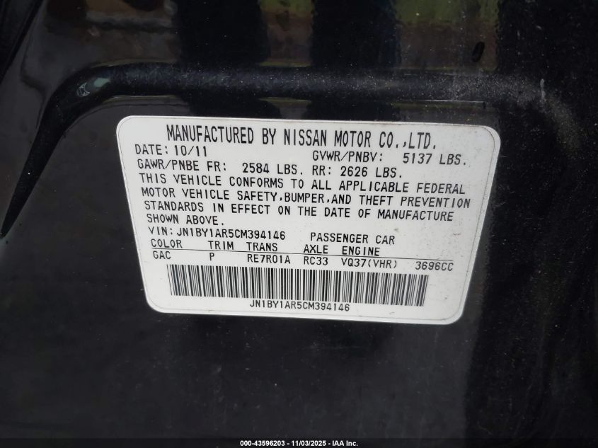 2012 Infiniti M37X VIN: JN1BY1AR5CM394146 Lot: 43596203