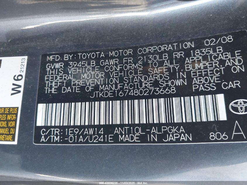 2008 Scion Tc VIN: JTKDE167480273668 Lot: 43596235