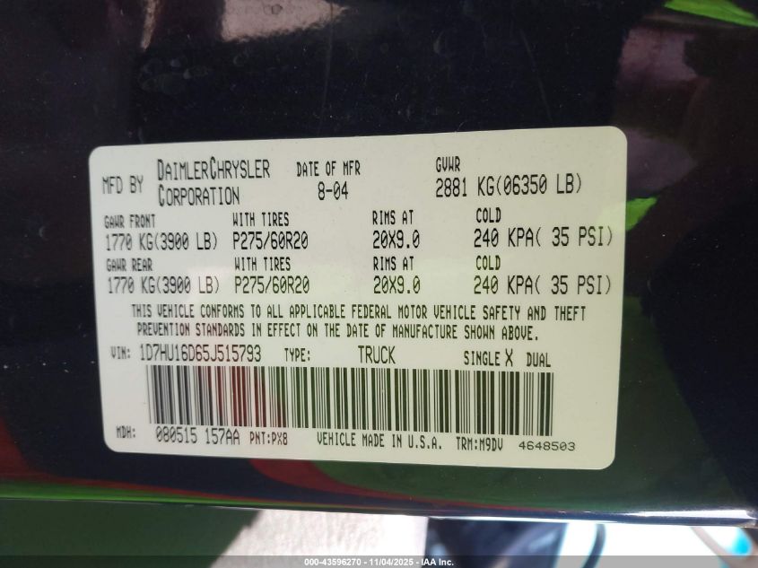 2005 Dodge Ram 1500 Slt/Laramie VIN: 1D7HU16D65J515793 Lot: 43596270