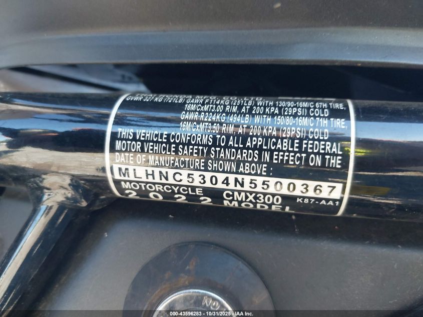 2022 Honda Cmx300 VIN: MLHNC5304N5500367 Lot: 43596283