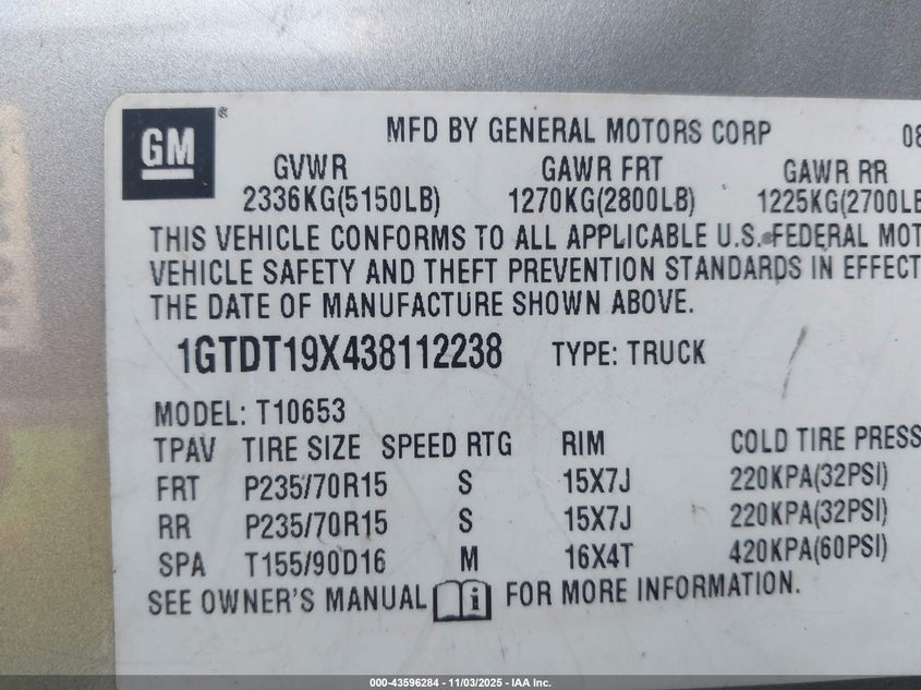 2003 GMC Sonoma Sls VIN: 1GTDT19X438112238 Lot: 43596284