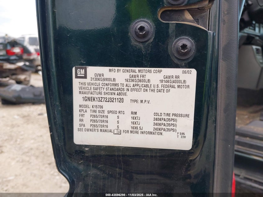 2002 Chevrolet Tahoe Lt VIN: 1GNEK13Z72J321120 Lot: 43596298