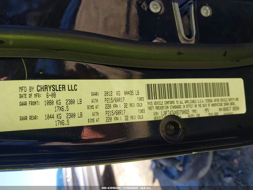 2008 Jeep Compass Sport VIN: 1J8FT47WX8D790665 Lot: 43596305