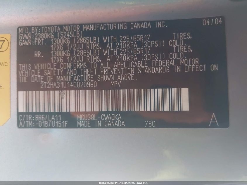 2004 Lexus Rx 330 VIN: 2T2HA31U14C020980 Lot: 43596311