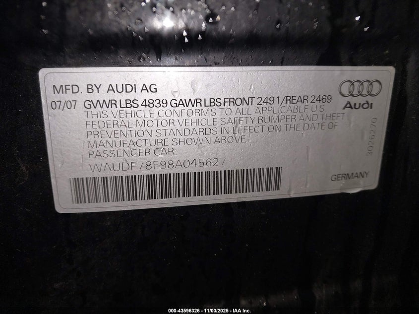 2008 Audi A4 2.0T VIN: WAUDF78E98A045627 Lot: 43596326