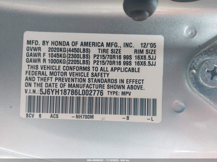2006 Honda Element Ex-P VIN: 5J6YH18786L002776 Lot: 43596353