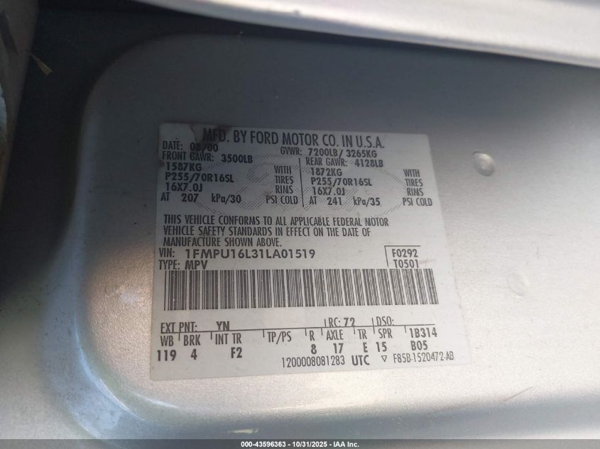 2001 Ford Expedition Xlt VIN: 1FMPU16L31LA01519 Lot: 43596363