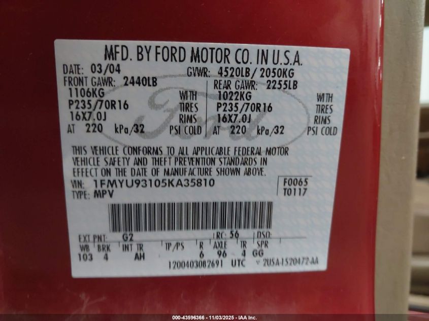 2005 Ford Escape Xlt VIN: 1FMYU93105KA35810 Lot: 43596366