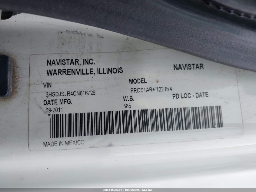 2012 International Prostar VIN: 3HSDJSJR4CN616729 Lot: 43596371