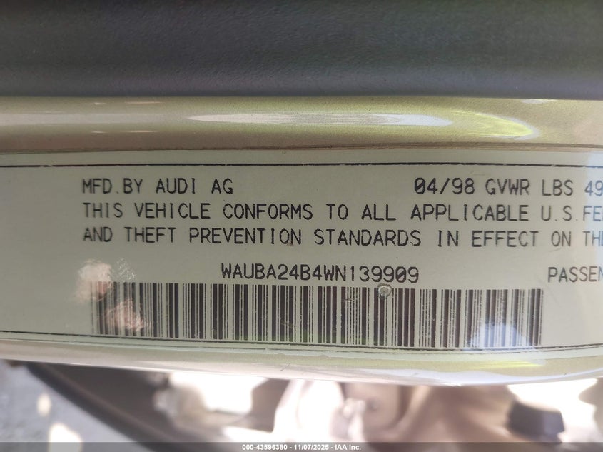 1998 Audi A6 VIN: WAUBA24B4WN139909 Lot: 43596380