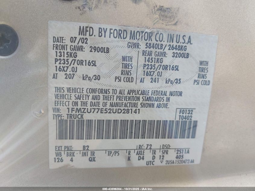 2002 Ford Explorer Sport Trac VIN: 1FMZU77E52UD28141 Lot: 43596384