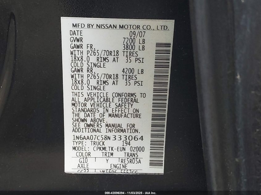 2008 Nissan Titan Se VIN: 1N6AA07C58N333064 Lot: 43596394