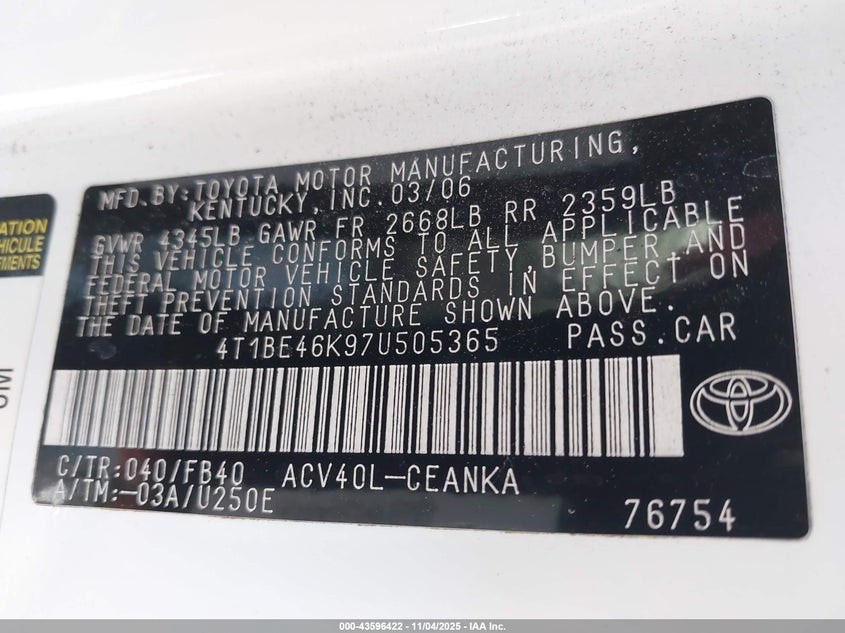 2007 Toyota Camry Le VIN: 4T1BE46K97U505365 Lot: 43596422