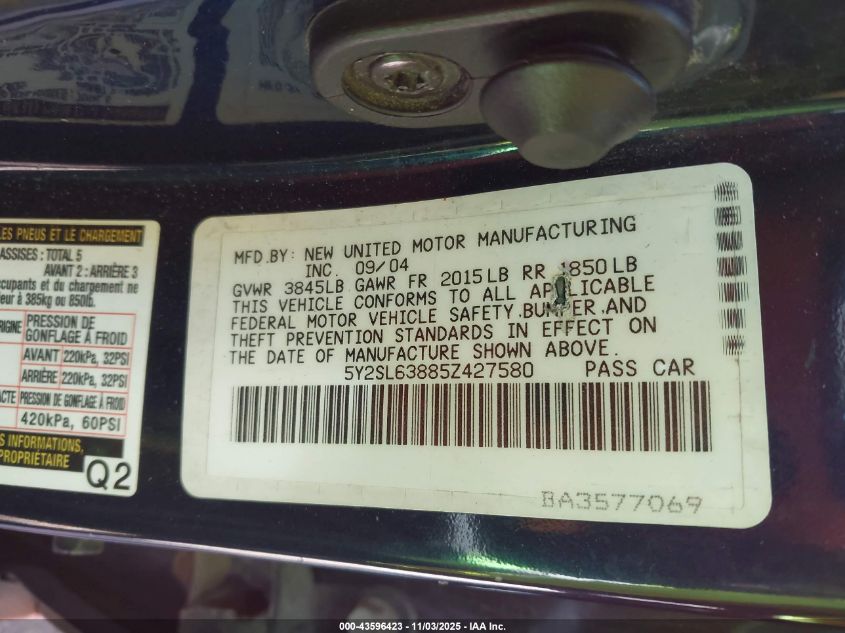 2005 Pontiac Vibe VIN: 5Y2SL63885Z427580 Lot: 43596423