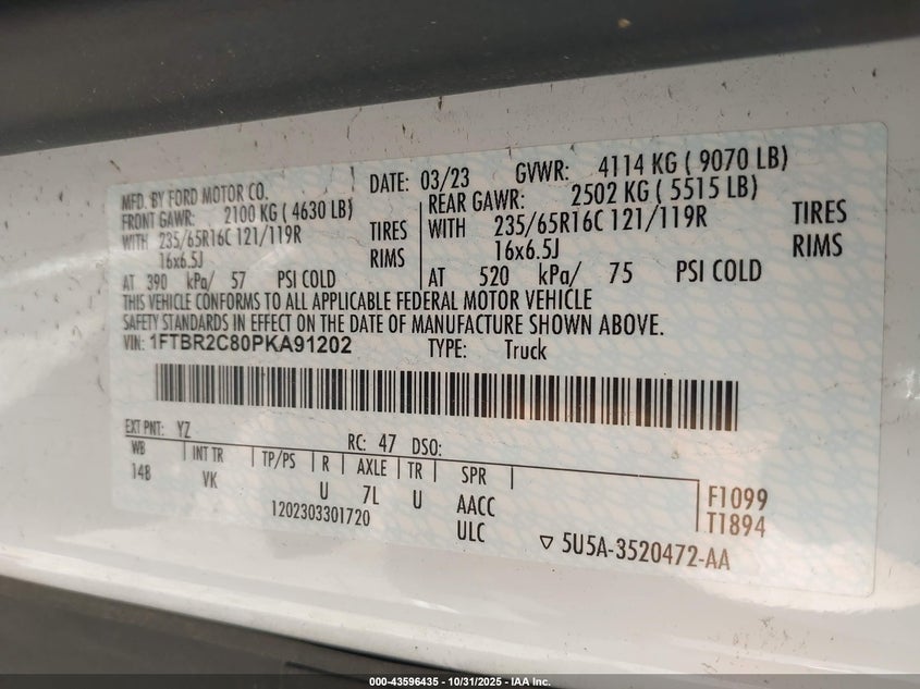 2023 Ford Transit T-250 VIN: 1FTBR2C80PKA91202 Lot: 43596435