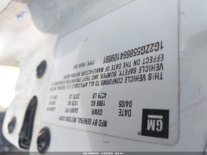 2006 Pontiac G6 VIN: 1G2ZG558664109891 Lot: 43596449