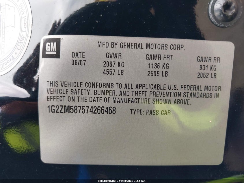 2007 Pontiac G6 Gtp VIN: 1G2ZM587574266468 Lot: 43596468