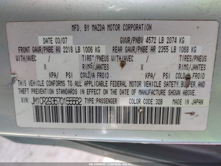 2007 Mazda Mazda5 Touring VIN: JM1CR293670155562 Lot: 43596547