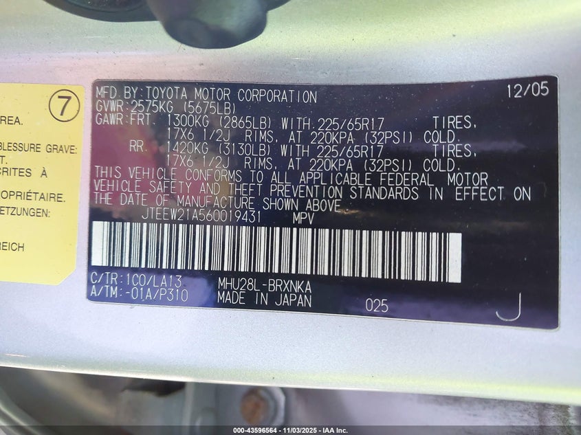 2006 Toyota Highlander Hybrid Limited V6 VIN: JTEEW21A560019431 Lot: 43596564