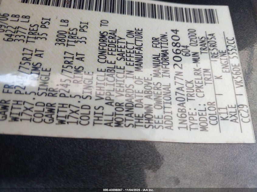 2007 Nissan Titan Xe VIN: 1N6BA07A77N206804 Lot: 43596567