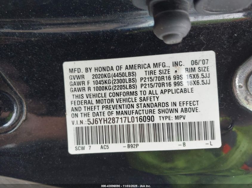 2007 Honda Element Ex VIN: 5J6YH28717L016090 Lot: 43596590