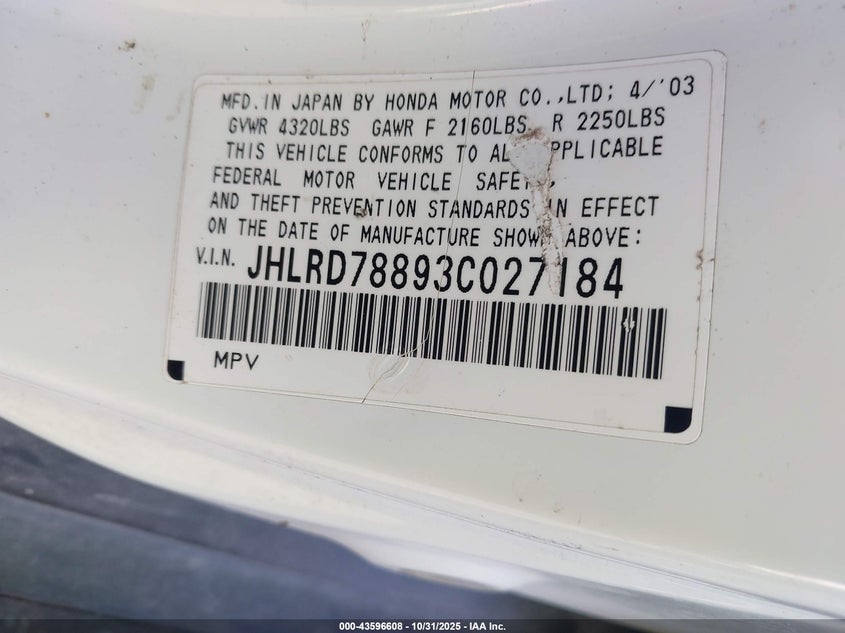 2003 Honda Cr-V Ex VIN: JHLRD78893C027184 Lot: 43596608