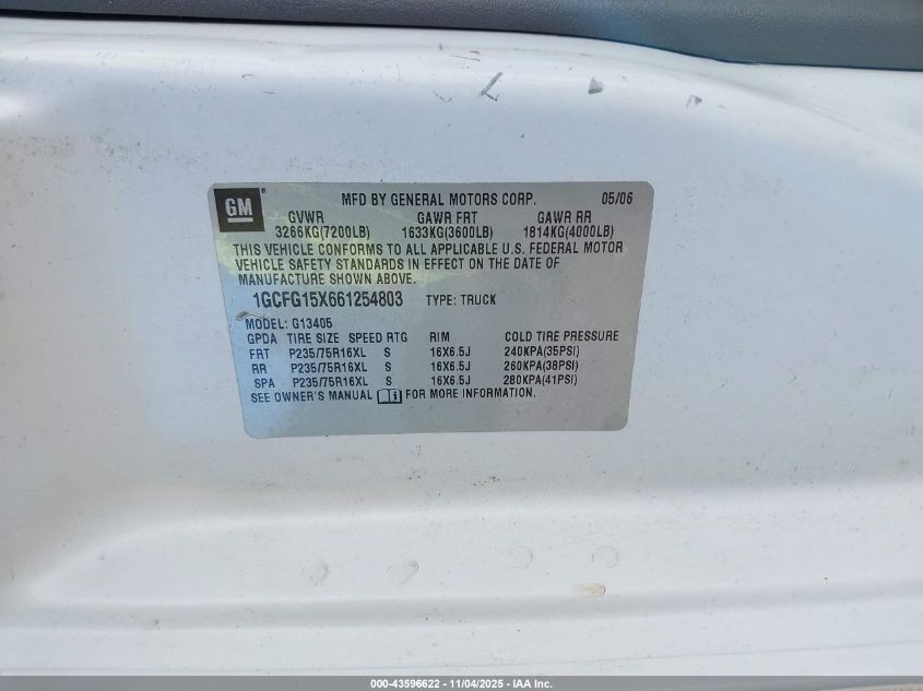 2006 Chevrolet Express Work Van VIN: 1GCFG15X661254803 Lot: 43596622